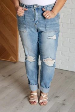 Aiden High Rise Patch Pocket Distressed Boyfriend Jeans by Judy Blue