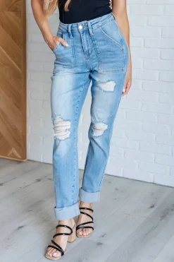 Aiden High Rise Patch Pocket Distressed Boyfriend Jeans by Judy Blue