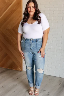 Aiden High Rise Patch Pocket Distressed Boyfriend Jeans by Judy Blue