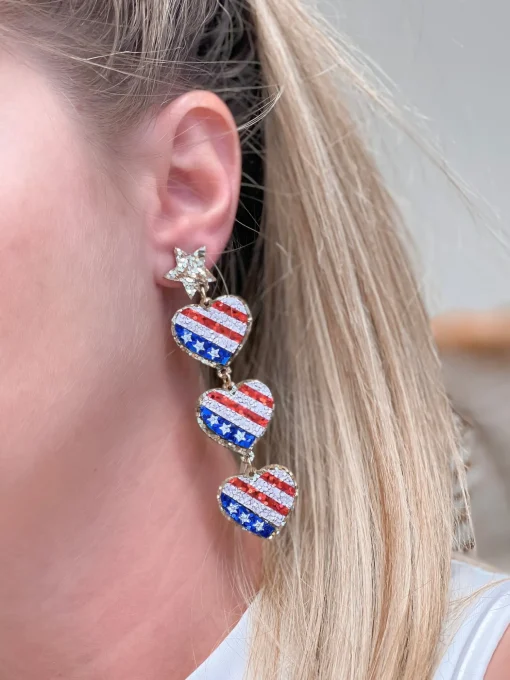 American Flag Heart Trio Dangle Earrings