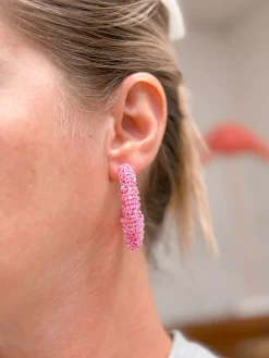 Beaded Cluster Open Hoop Earrings - Hot Pink