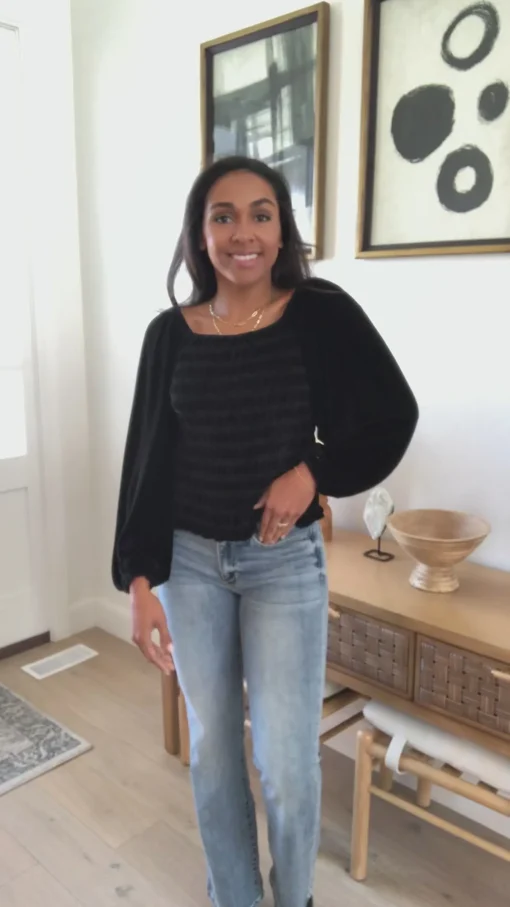 Believe In Miracles Smocked Velvet Top In Black