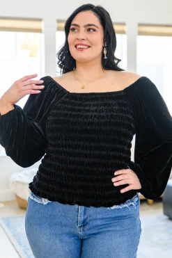 Believe In Miracles Smocked Velvet Top In Black