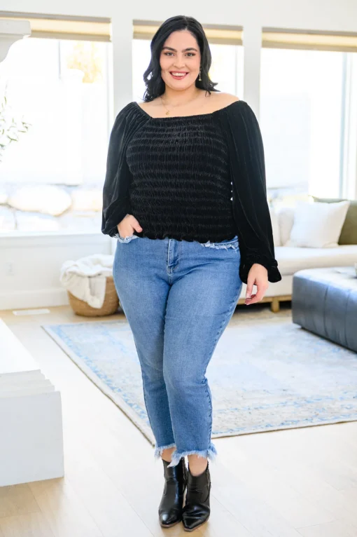 Believe In Miracles Smocked Velvet Top In Black