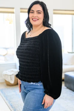 Believe In Miracles Smocked Velvet Top In Black