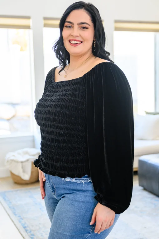 Believe In Miracles Smocked Velvet Top In Black