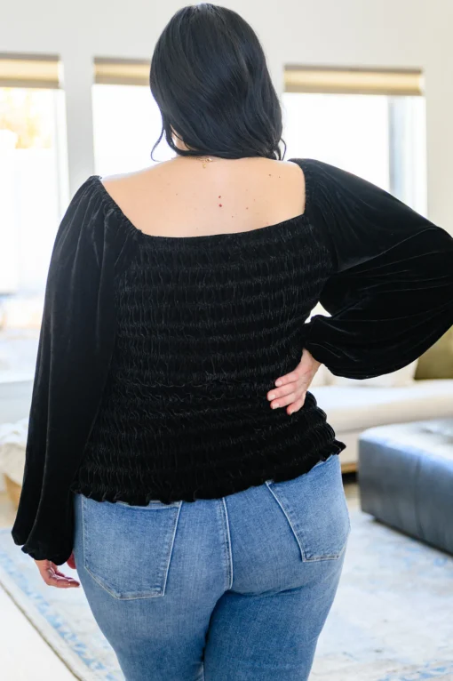 Believe In Miracles Smocked Velvet Top In Black