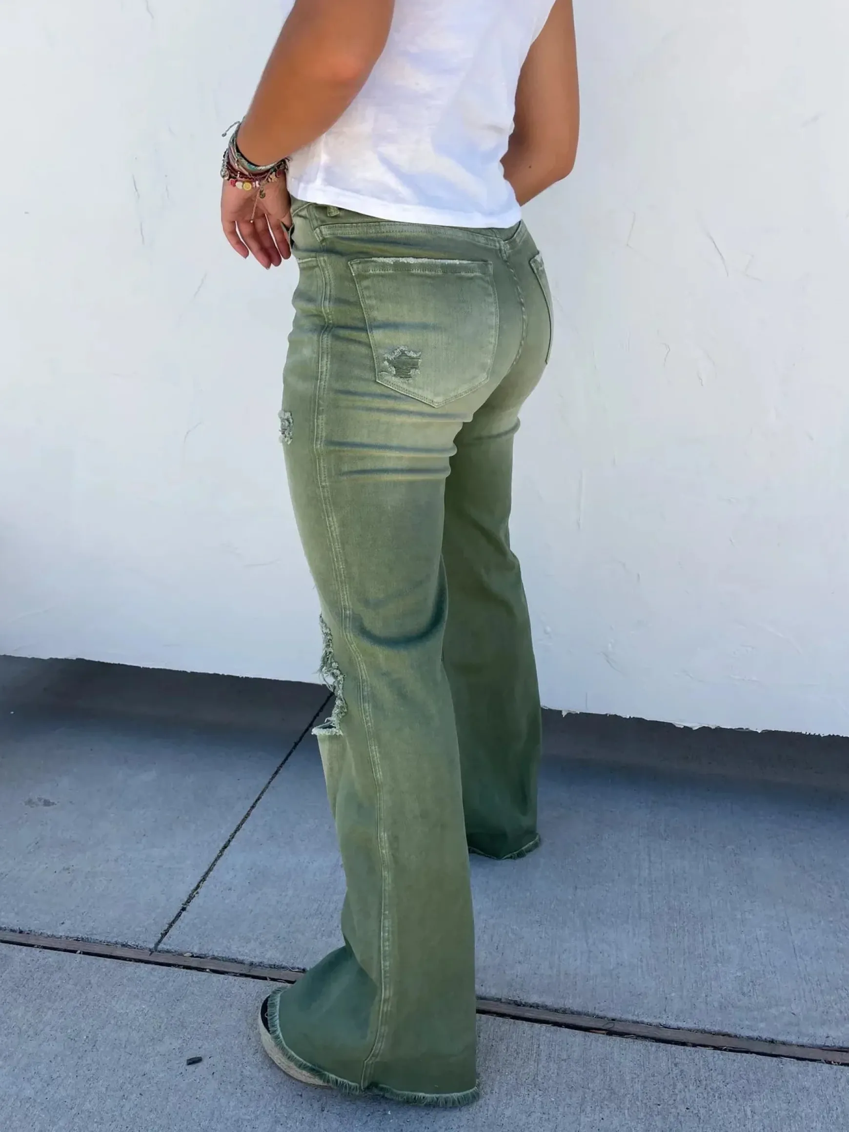 Blakeley Distressed Jeans In Olive and Camel