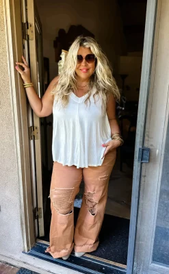 Blakeley Distressed Jeans In Olive and Camel