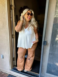 Blakeley Distressed Jeans In Olive and Camel