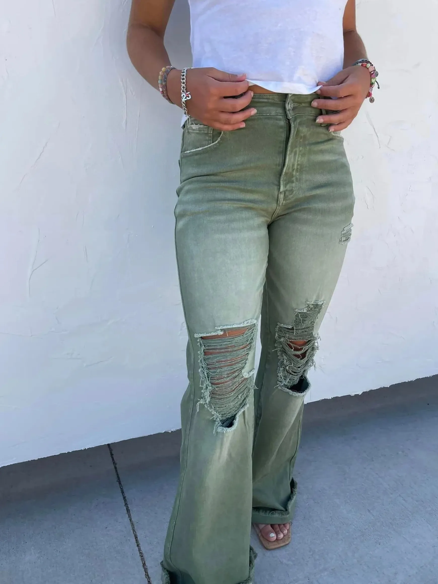 Blakeley Distressed Jeans In Olive and Camel