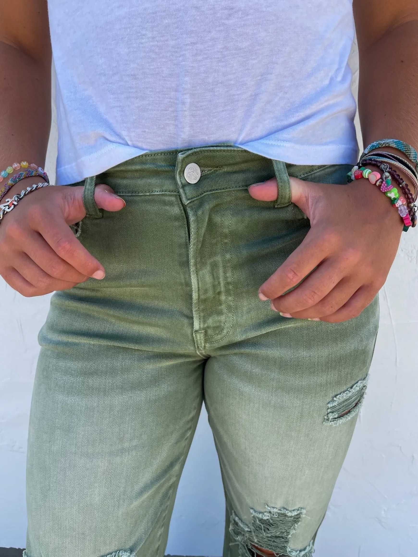 Blakeley Distressed Jeans In Olive and Camel