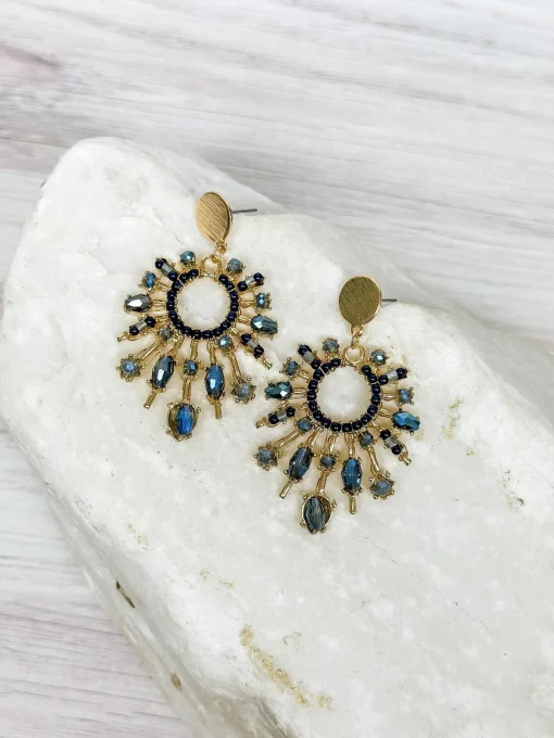 Blue Beaded Burst Dangle Earrings