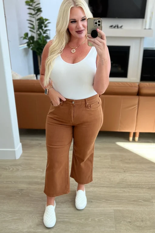 Briar High Rise Control Top Wide Leg Crop Jeans in Camel by Judy Blue