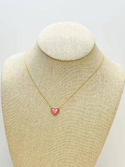 Bright Gold-Dipped Heart Charm Necklace - Pink