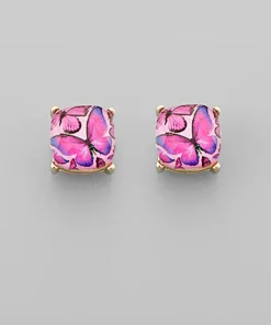 Butterfly Glass Stud Earrings - Fuchsia