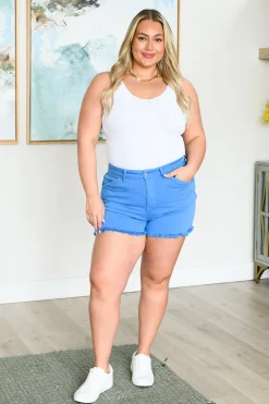 Celeste Mid Rise Shield Pocket Cutoff Shorts by Judy Blue - Sky Blue