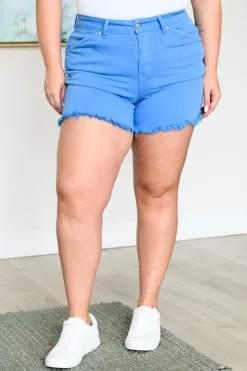 Celeste Mid Rise Shield Pocket Cutoff Shorts by Judy Blue - Sky Blue