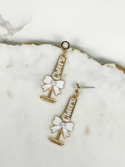 'Cheers!' Pearl Detail Champagne Flute Dangles - White
