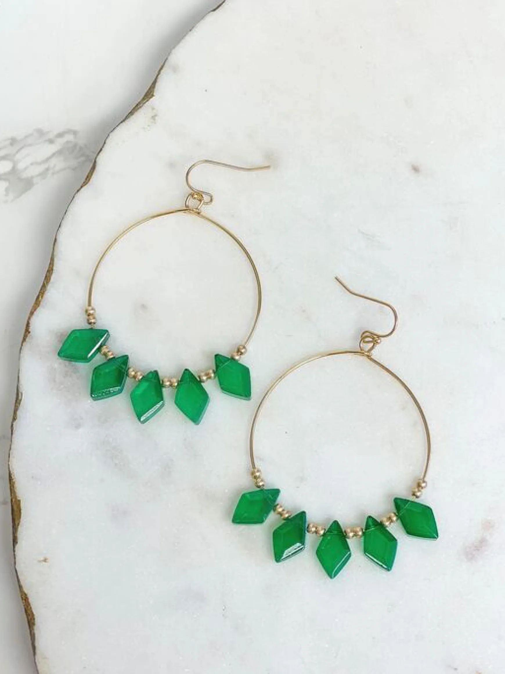 Christmas Diamond Bead Hoop Dangle Earrings - Green