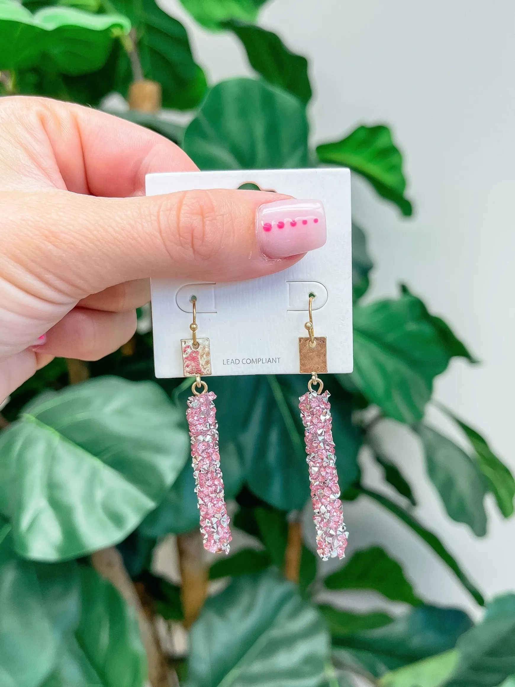 Crystal Encrusted Straight Dangle Earrings - Pink