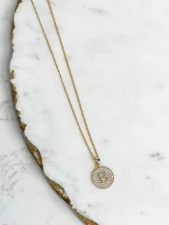 Cubic Zirconia Initial Disc Pendant Necklaces - Gold