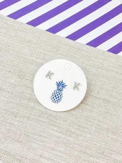 Cubic Zirconia Initial Stud Earrings - White Gold