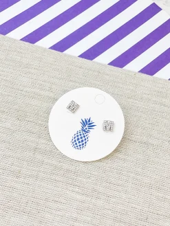 Cubic Zirconia Initial Stud Earrings - White Gold