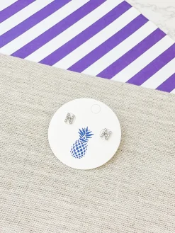 Cubic Zirconia Initial Stud Earrings - White Gold