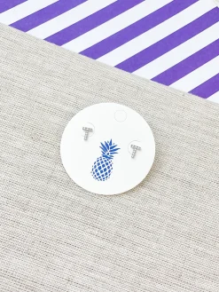 Cubic Zirconia Initial Stud Earrings - White Gold