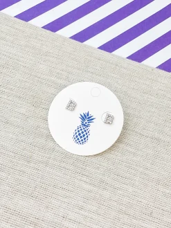 Cubic Zirconia Initial Stud Earrings - White Gold