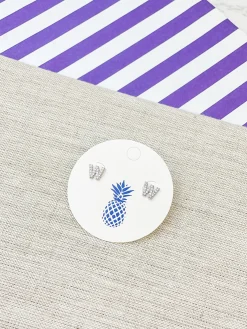 Cubic Zirconia Initial Stud Earrings - White Gold