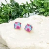 Dahlia Flower Print Crystal Stud Earrings - Teal