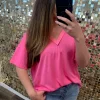 Drop Shoulder V-Neck Basic Tee by POL - Barbie Pink
