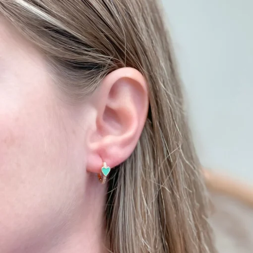 Enamel Heart Huggie Hoop Earring - Green