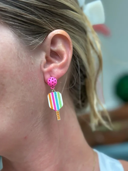 Enamel Pickleball Dangle Earrings - Multi Stripe