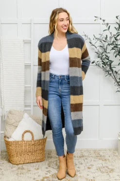 Fuzzy Longline Cardigan In Blue & Cocoa