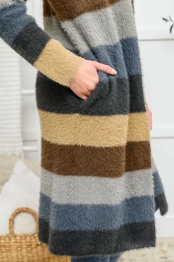 Fuzzy Longline Cardigan In Blue & Cocoa