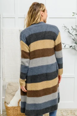 Fuzzy Longline Cardigan In Blue & Cocoa