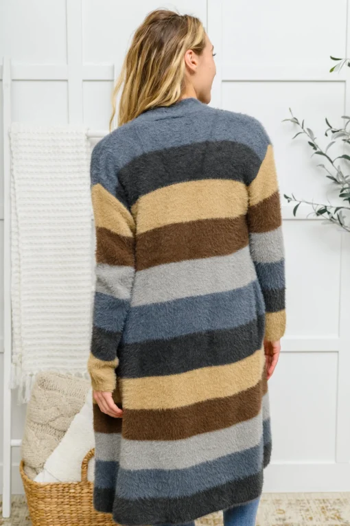 Fuzzy Longline Cardigan In Blue & Cocoa