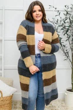 Fuzzy Longline Cardigan In Blue & Cocoa