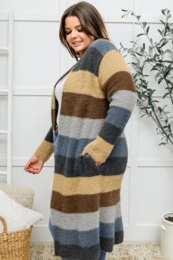 Fuzzy Longline Cardigan In Blue & Cocoa