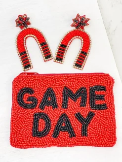 Game Day Beaded Arch Dangle Earrings - Red & Black