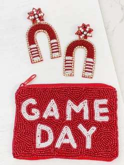 Game Day Beaded Arch Dangle Earrings - Burgundy & White