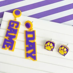'Game Day' Statement Dangle Earrings - Yellow & Purple