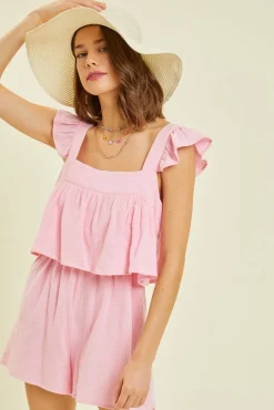 Gauze Square Neck Romper with Mini Ruffles on the Shoulder in Pink