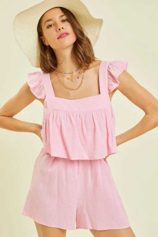 Gauze Square Neck Romper with Mini Ruffles on the Shoulder in Pink