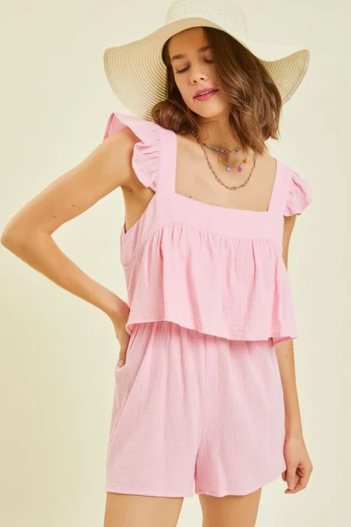 Gauze Square Neck Romper with Mini Ruffles on the Shoulder in Pink