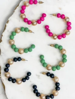Gold & Color Bead Hoop Earrings - Pink