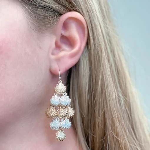 Gold & Silver Seashell Cluster Dangle Earrings
